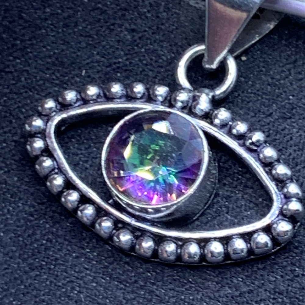 Mystic Topaz Lucky “Evil Eye” Pendant! .925 Sterling Silver Overlay, Handmade! - Picture 9 of 16